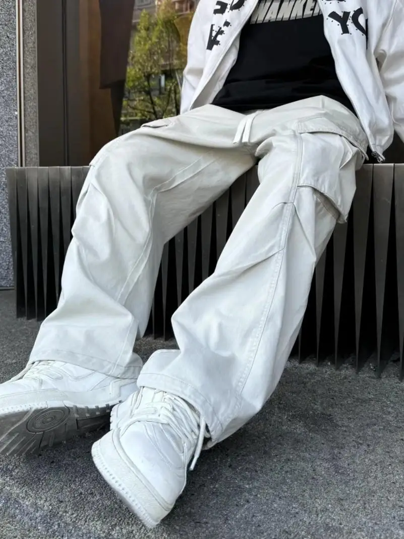 الرجعية الأمريكية ربيع الخريف الرجال السراويل مع كيتس كبيرة مطوي واسعة الساق فضفاضة مستقيم قطع السراويل الطويلة ملابس العمل #3