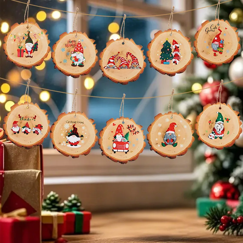 Christmas Wooden Sliced Ornaments with Adorable Gnome for Decorating Christmas Trees Bringing Festive Charm to Holiday Decor