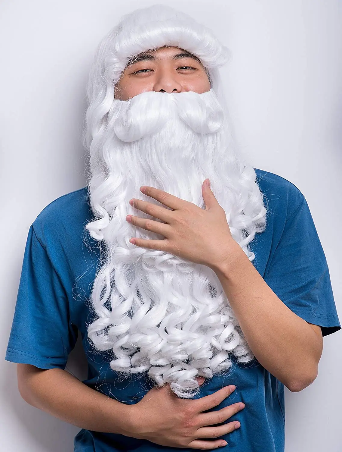 Kerst Opa Lange Witte Krullende Baard Pruik Set Voor Dames En Heren Halloween Cosplay Kostuum Feest Pruiken