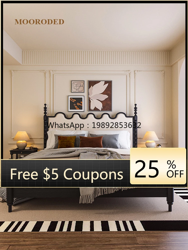 

LYY Vintage Style Solid Wood French Retro Wave Bed White Ash Wood Master Bedroom Large Bed Wabi-Sabi Style Double Bed