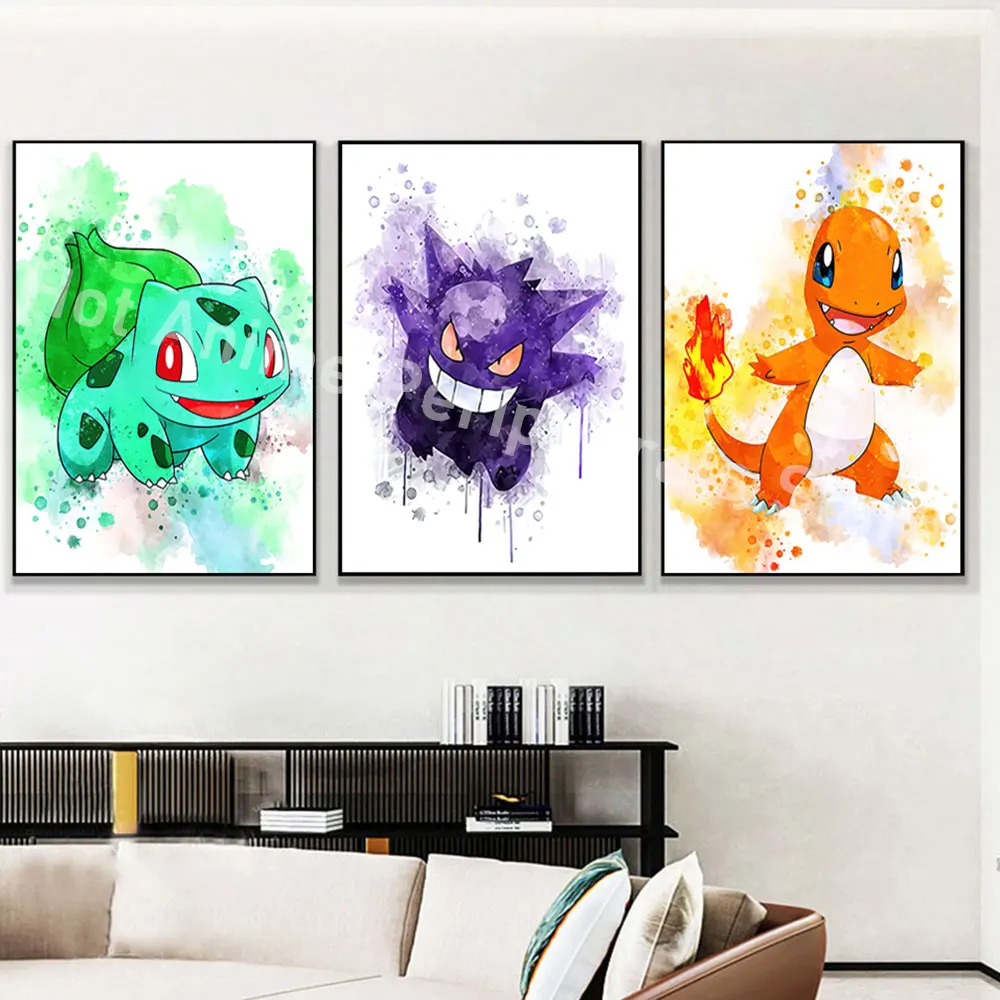 Anime Pokemon Peripherals Gengar Posters Pikachu Kawaii Picture Art Water Colours Canvas Painting for Kids Bedroom Wall Decorate
