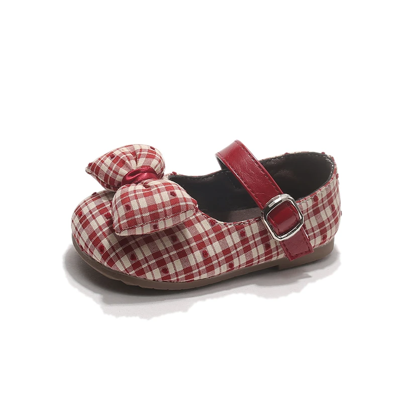 Girls Plaid Bow Mary Jane Flats, Toddler Kids Spring Autumn Princess Dress Shoes, Adjustable Buckle Strap Non-Slip Flat Shoes