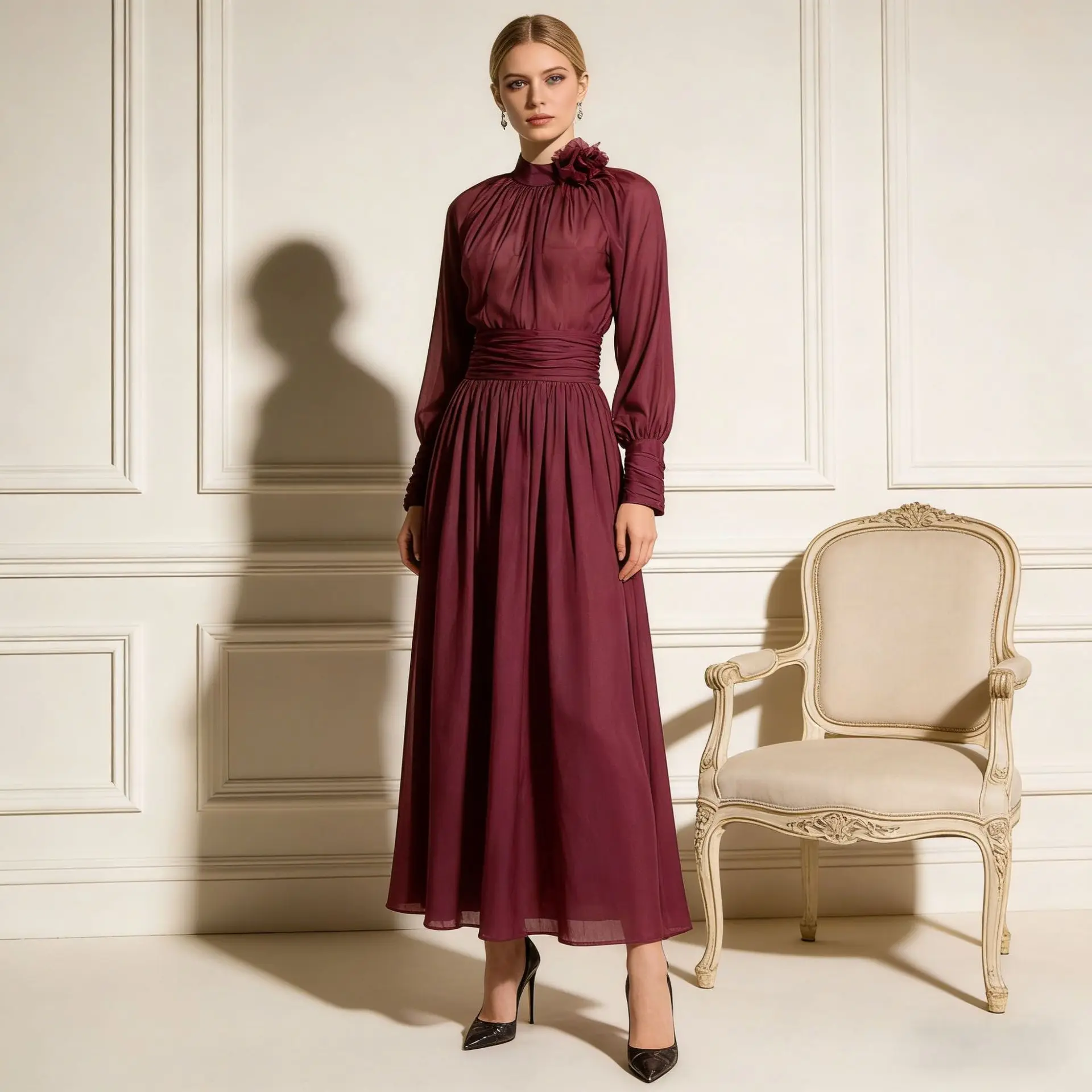 High Quality Magenta Skirt Suit Women Three Dimensional Flower Lantern Sleeve Tops+high Waist Wrinkle Skirt Female Two Piece Set