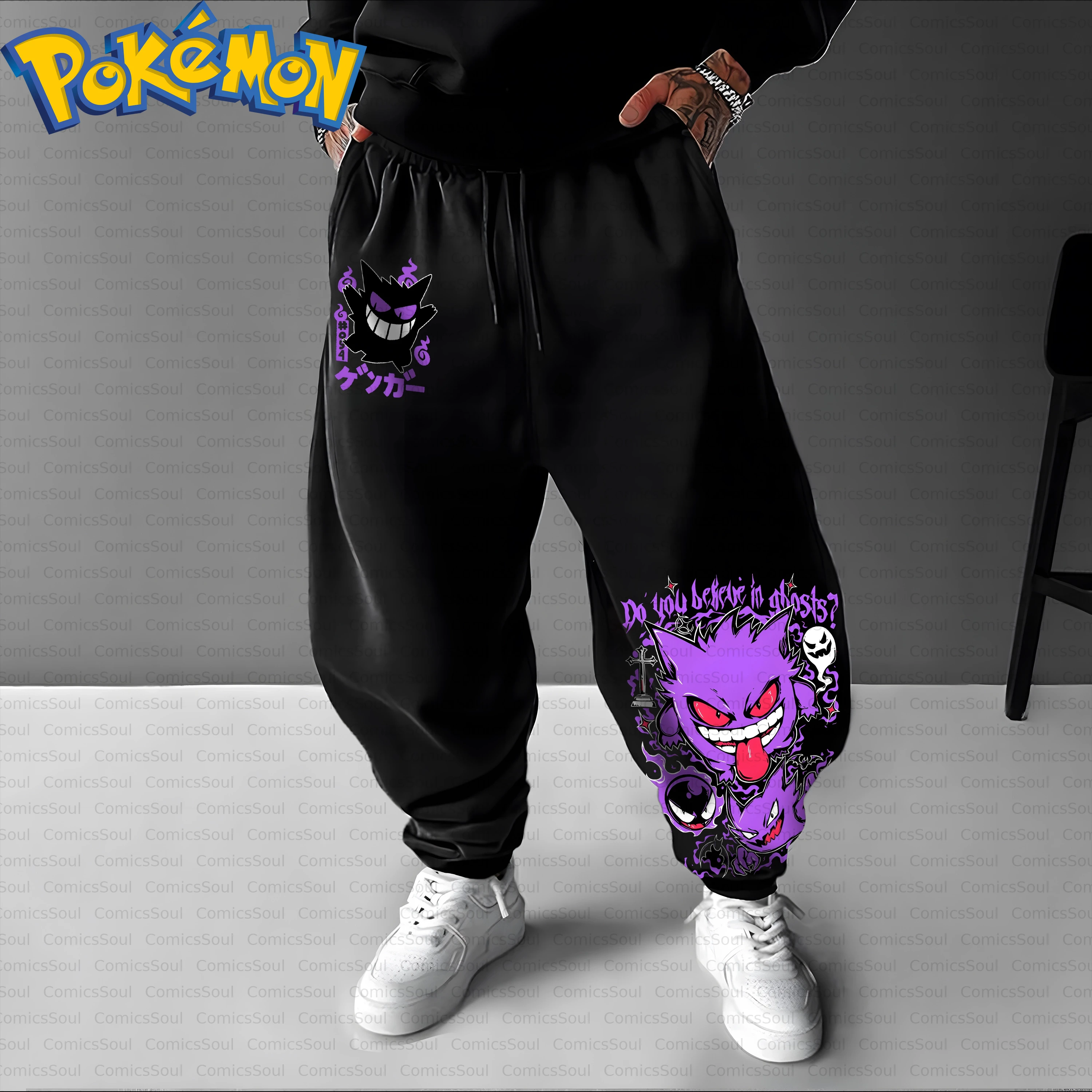 Conjunto de moletom com capuz Pokémon de algodão preto e calças Harajuku com estampa traseira Gengar roxo fantasma design olhos vermelhos e detalhes de língua