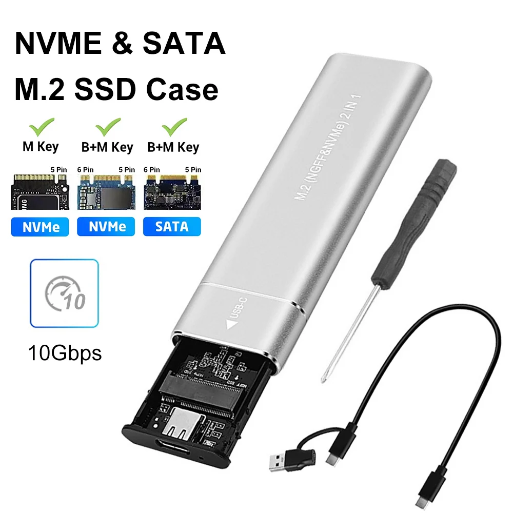 M2 SSD Case Dual Protocol NVMe SATA SSD Enclosure Adapter 10Gbps USB 3.1 Type C External M.2 Enclosure Supports M Keys B&M Keys