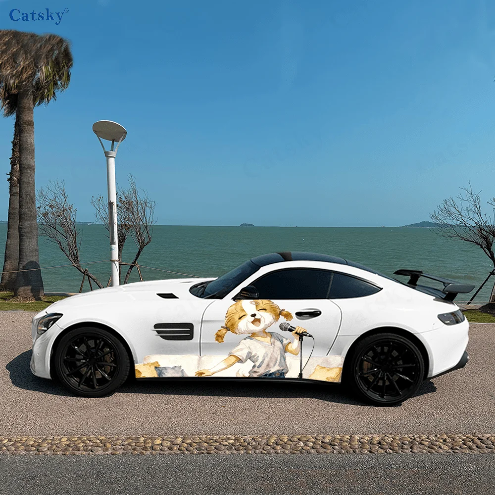 Cute Shih Tzu Dog Singing Car Vinyl Wraps Decal Self-adhesive PVC Sticker Suitable for Trucks SUV Decor Auto Accessories Gift