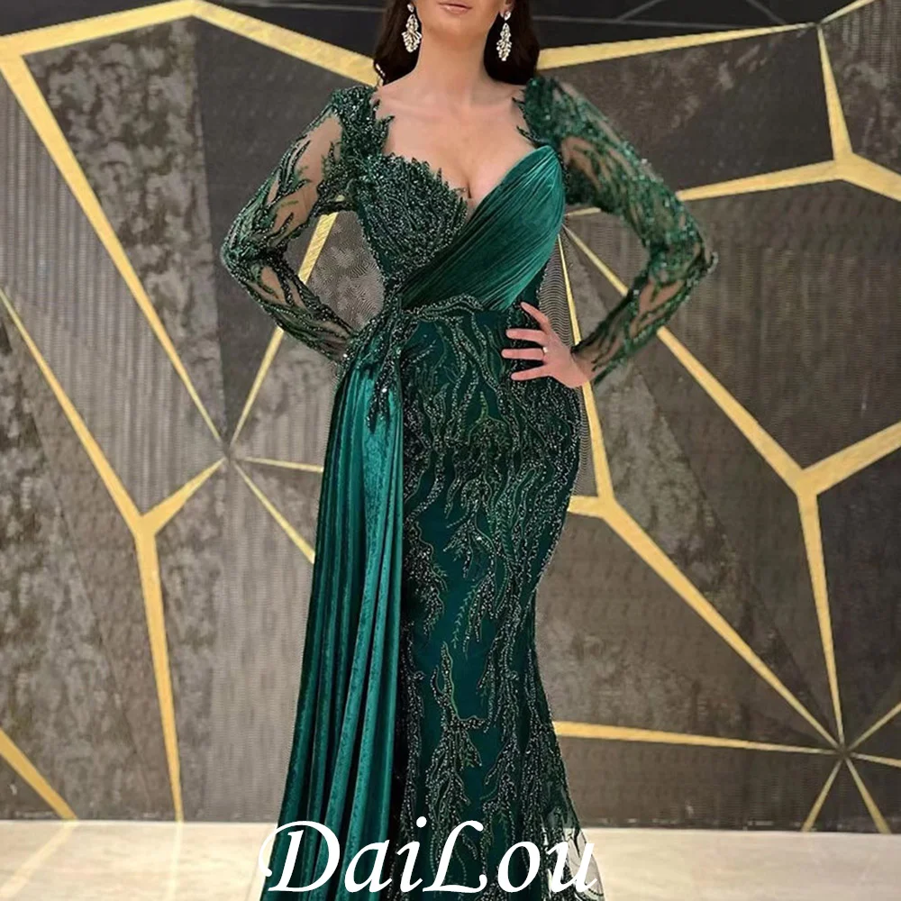 Emerald Green Trumpet Floor-Length Long Sleeves Draped Evening Dress Beaded Formal Prom Dress Square Collar Pleat Tulle