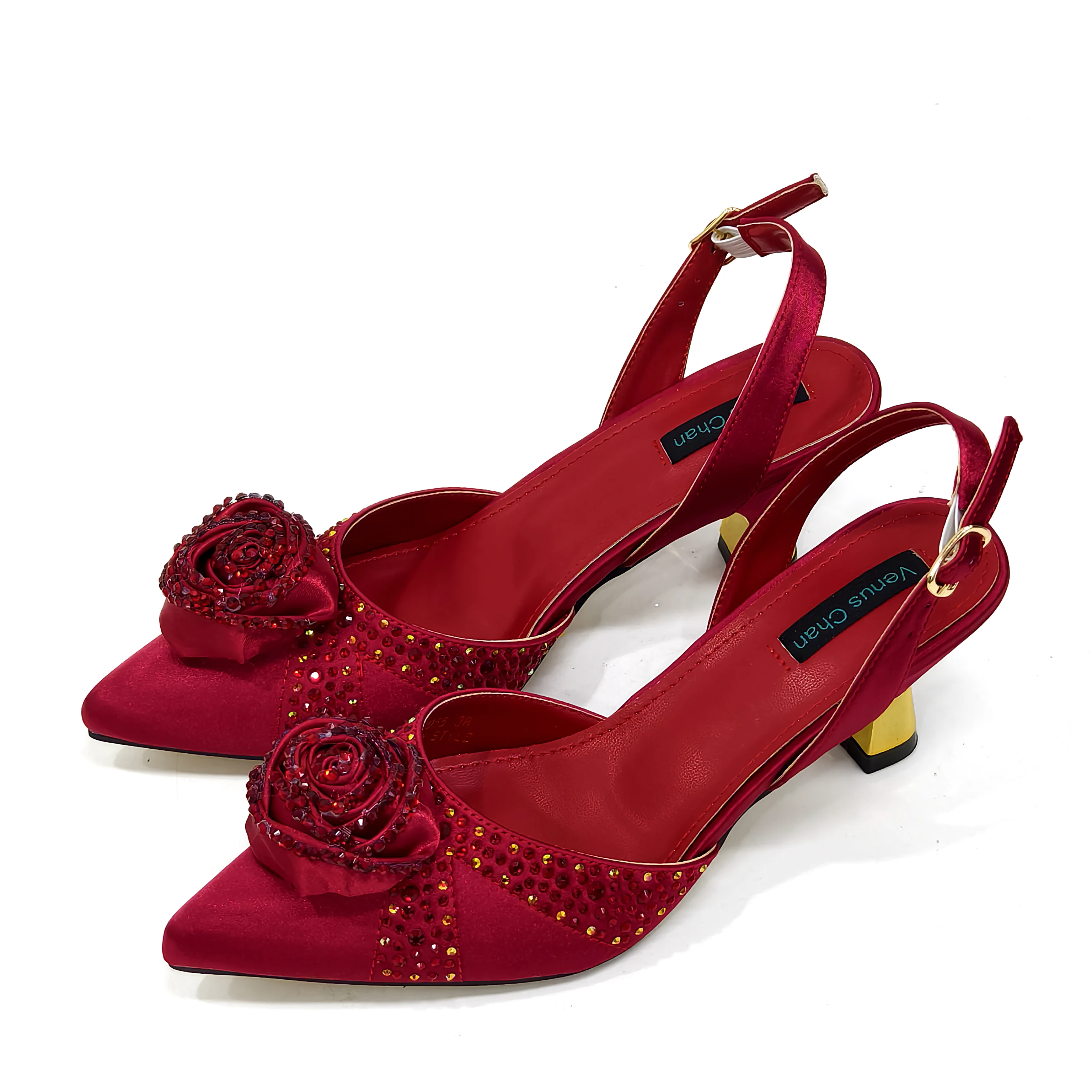 Venus Chan Red Color Roses Decorated Rhinestones Stylish and Elegant Pointed Toe Pumps With Matching Bags for Women's Parties
