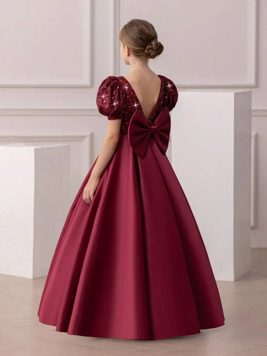 

Elegant Burgundy Sequin Backless V-Neck Puff Sleeve Ball Gown Dress For Formal Occasions