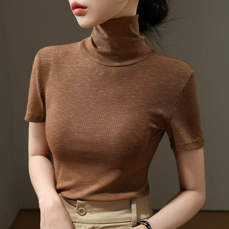 

Женская тонкая водолазка-базовая футболка 2025: Новая осенняя женская одежда, стильная футболка с коротким рукавом, слегка прозрачная, для ношения под одеждой.