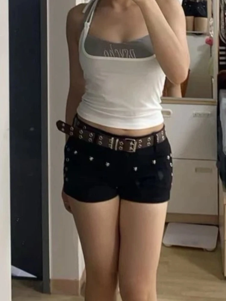 Hotsweet-Pantaloncini jeans attillati Y2K da donna, pantaloncini neri a vita alta anni 2000, casual, sexy, stile street Harajuku