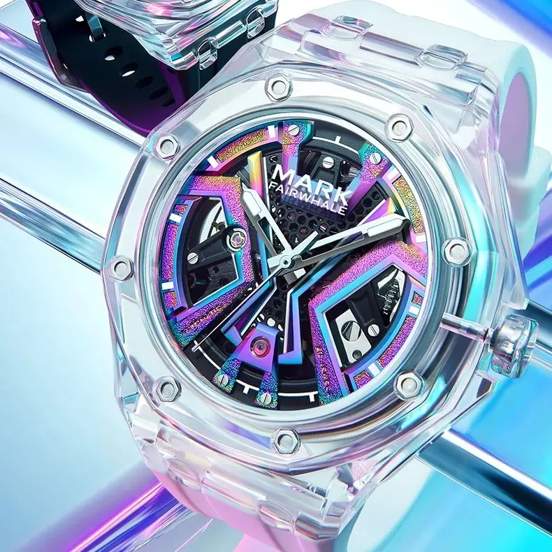 Polygonal Transparent Bezel Mechanical Watches Men Colours Silicone Luxury Top Quality  Power Reserve Time Clock on Hand