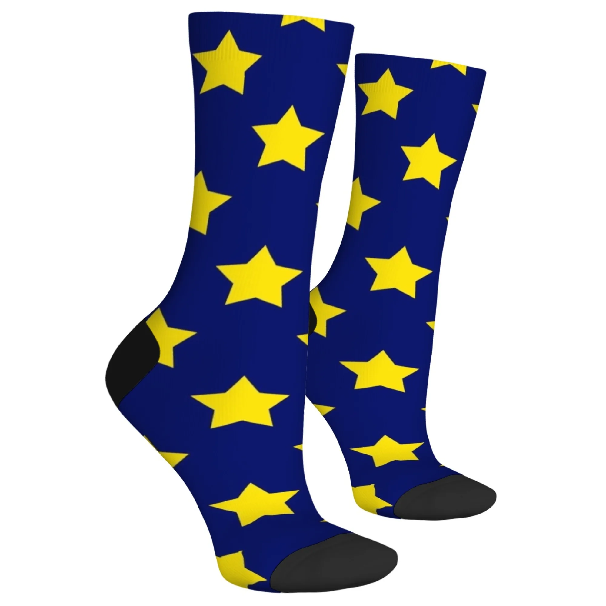 Chaussettes unisexes minimalistes Star Art Crew Trippy Trend Art avec fond bleu étoiles jaunes douces pour un usage quotidien et les amateurs de tendance