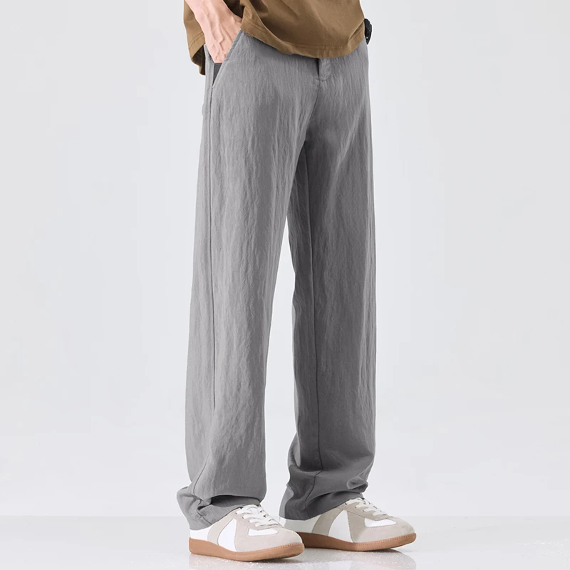 

Men's Summer Casual Wide-Leg Pants Trendy Sold Color Tencel Lyocell Linen Breathable Ice Silk Trousers
