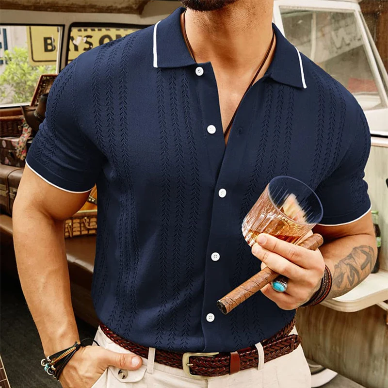 Retro Striped Knitted Lapel Mens Shirt Short-sleeved Buttoned Knitting Shirts For Men Summer Casual Slim Fit Knit Cardigan Tops