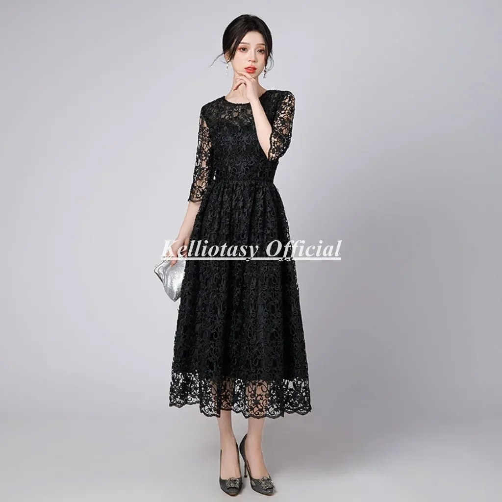 Vestido de encaje hermoso personalizado para madre de la novia, vestido clásico de talla grande negro para madre de la novia, longitud del té YSM142