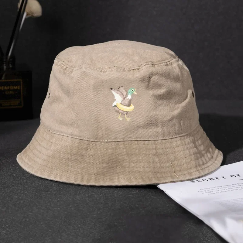 2026 Doodle Duck Print Bucket Hat Cotton Summer Fisherman Cap Hand Drawn Cartoon Pattern Sun Hat Outdoor Beach Cap for Men Women