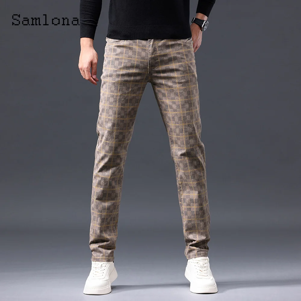 Samlona Plus Size Mens Elegant Fashion Plaid Suit Pants Soft Pocket Basic Trouser Men's Luxury Formal Straight Suits Pants New