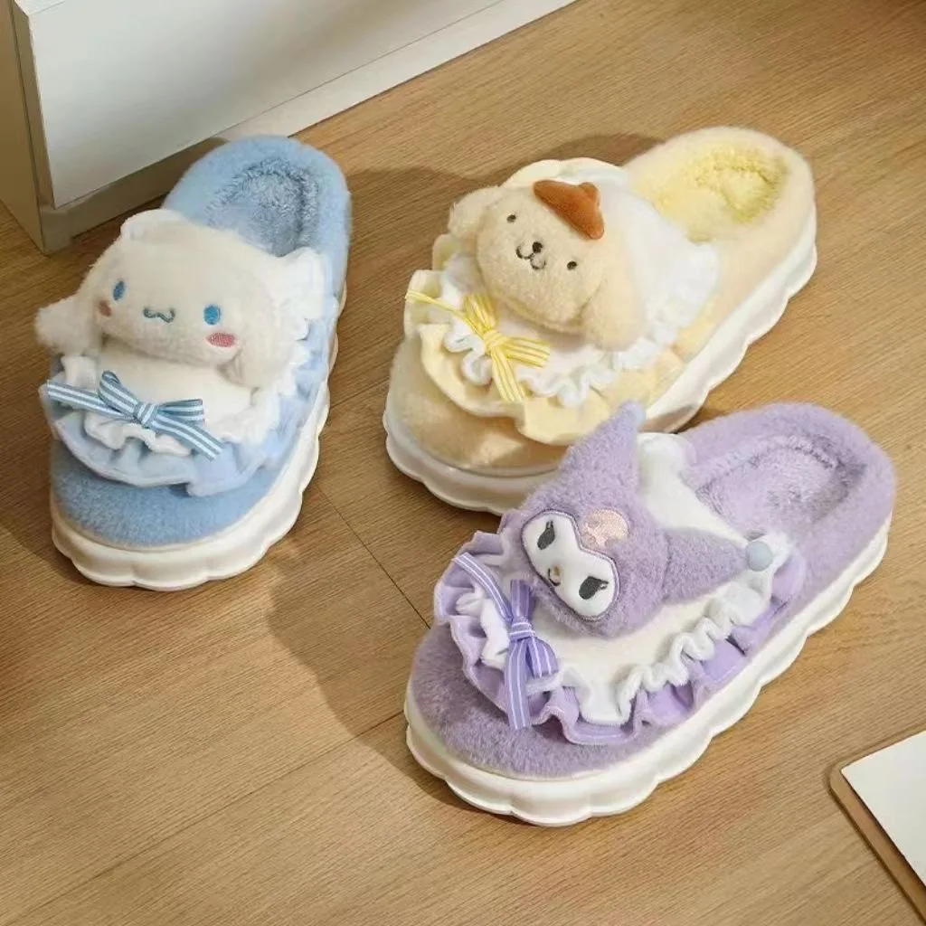 Sanrio Hello Kitty Cotton Shoes Kuromi Cinnamoroll Women Plushie Cartoon Plush Kawaii Flat Shoes Slippers Shoes Plush Gift