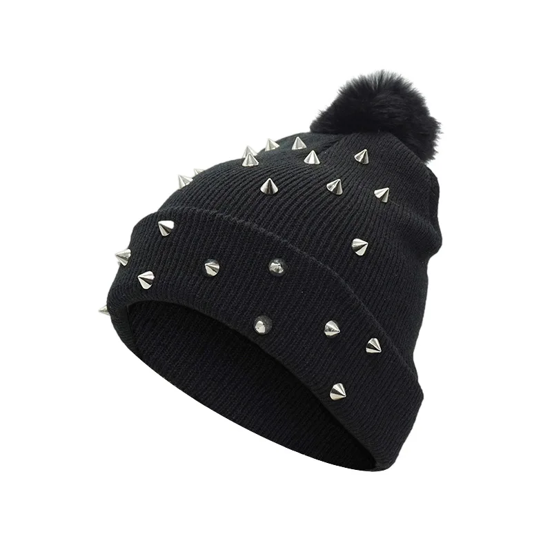 Autumn Winter Punk Rivet Knitted Hat Women Men Knitted Hat Warm Hoodie Xmas Halloween Cosplay Costume Props