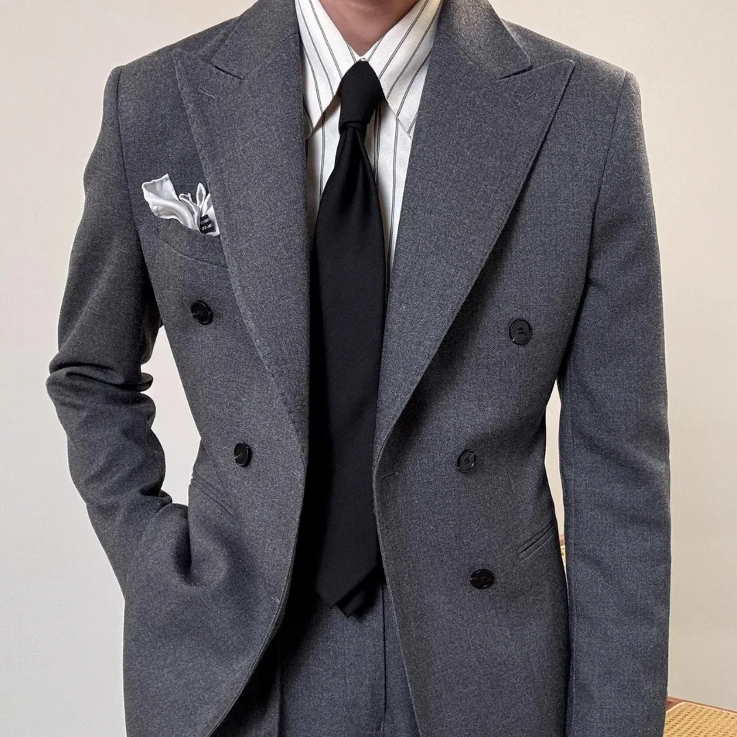 Classic Slim Fit Men's Formal Suit 2-Piece Set Double Breasted Peak Lapel Wedding Groomsmen Casual Business Jacket And Pants
