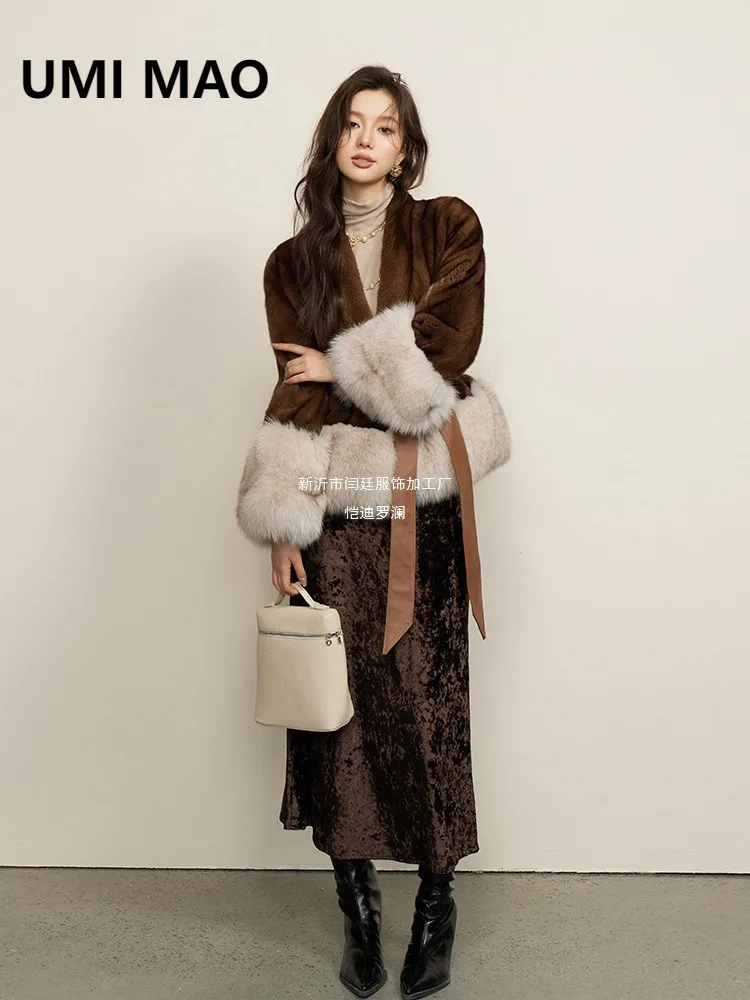 UMI MAO Kaidi Luolan Purple Label Grade Whole Mink Fur Coat Women Slimming Fox Fur Cuffs Autumn Winter Fur Jacket