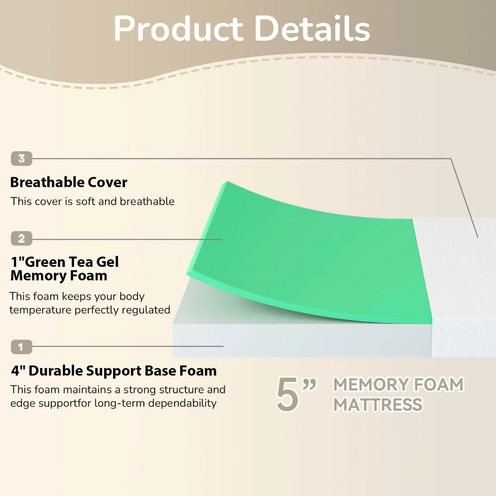 Materasso in memory foam gel rinfrescante con infusione di tè verde, struttura media, senza fibra di vetro, materassi certificati CertiPUR-US