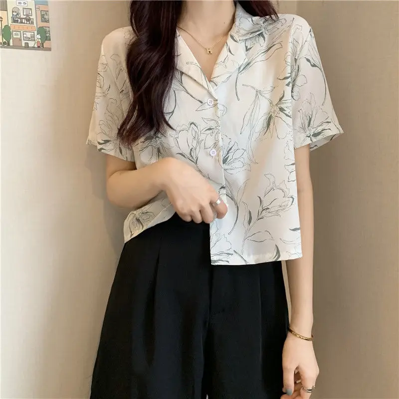 Loose Shirts Women New Summer BF Office Ladies Vintage Print Streetwear Harajuku Y2k Ulzzang Leisure All-match Short-sleeve Chic