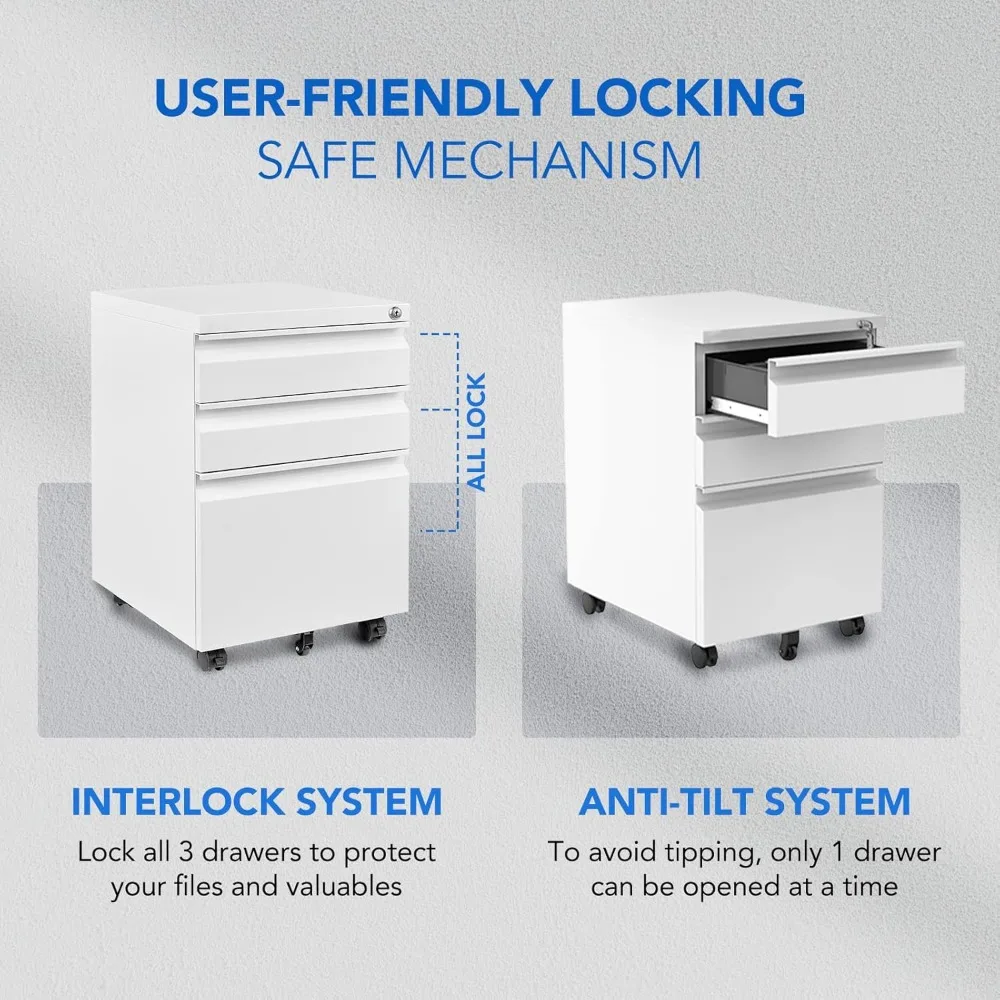 Mobile File Cabinet for Home Office Under Desk Storage with Lock Keys 3 Drawer File Cabinet for Legal/Letter/A4 File