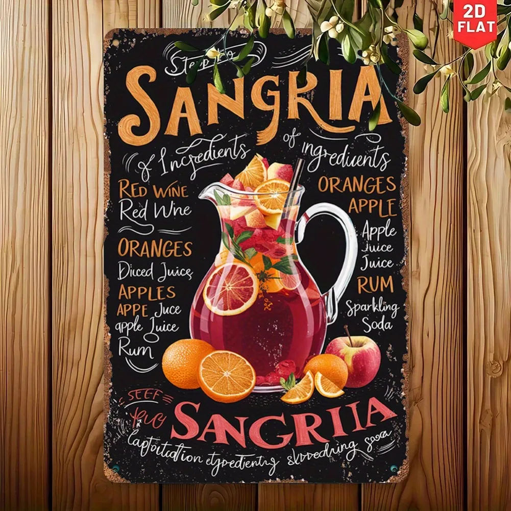 لافتة فنية جدارية معدنية مسطحة ثنائية الأبعاد، قطعة واحدة من وصفة سانجريا العتيقة - ديكور مطبخ ريفي مع توضيح المكونات، ديكور المنزل والبار