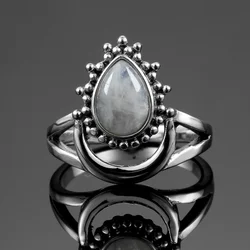New Vintage S925 Silver Jewelry Finger Rings For Men Women 7x9MM Water Drop Natural Moonstones Weeding Anniversary Party Gifts