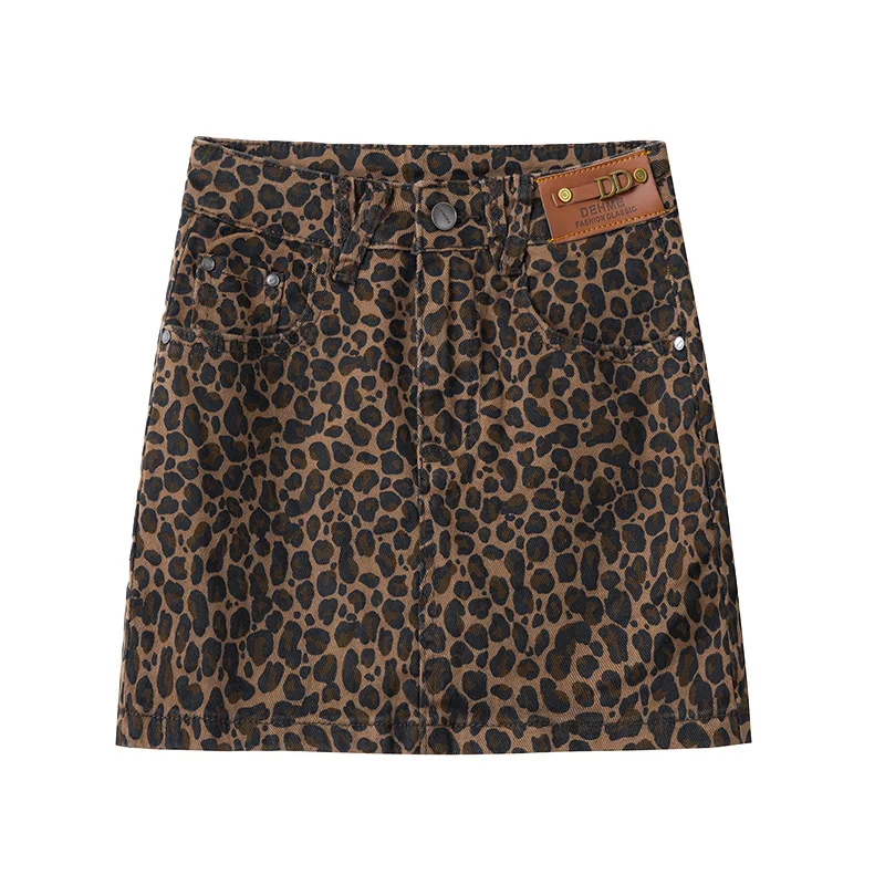 New Autumn Vintage Leopard Printed Denim Skirt Women High Waist Slim A-Line Mini Skirt r59