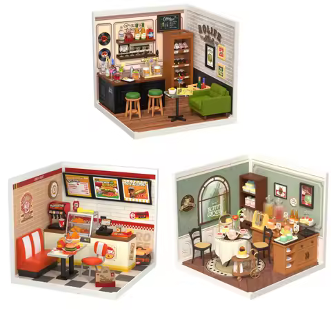 Robotime Diy 3D Puzzle Home Gift Idea Model Supply Store Kit with LED Yum Yum Burger And Leisurely Cheers Bar And Sweet Sips Tea