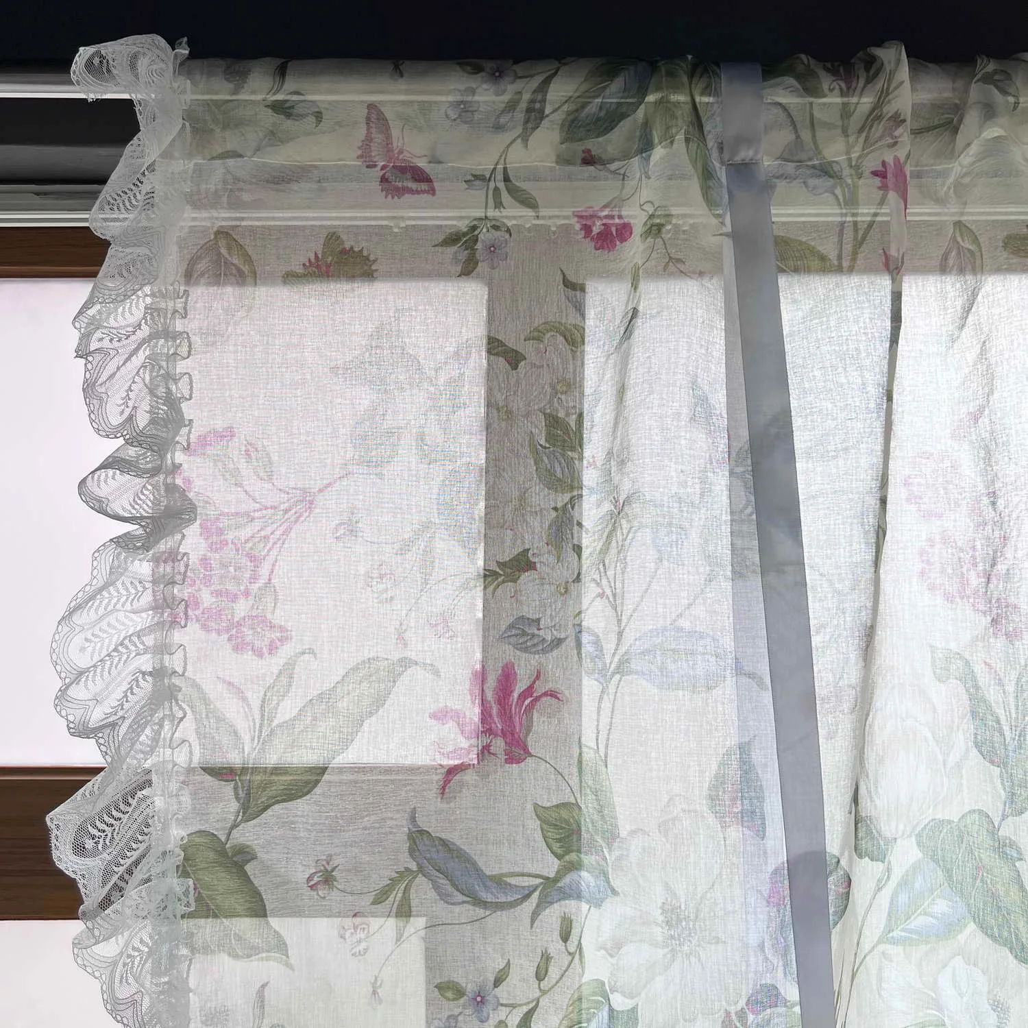 Ruffle Floral Pull-Up Curtain for Small Window Lace Sheer Lifting Drape Kitchen Porch Home Decoration Blinds #E