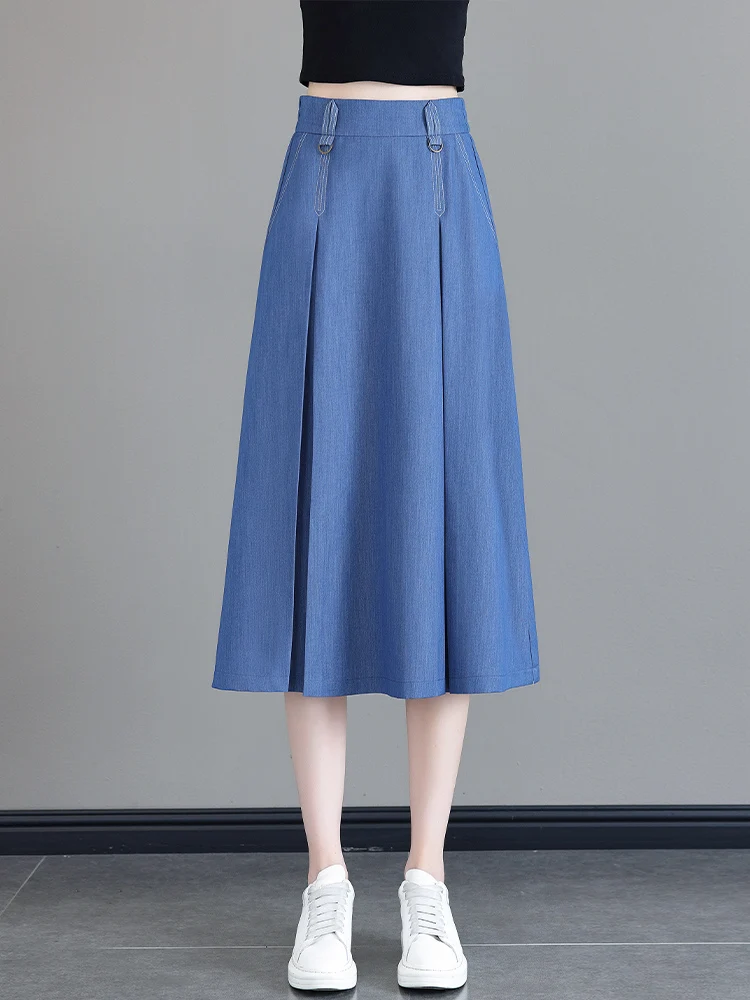

Denim Half Skirt Women Summer Thin High Waist A-Line Midi Skirt Ice Silk Pleated Umbrella Skirt Korean Style Casual