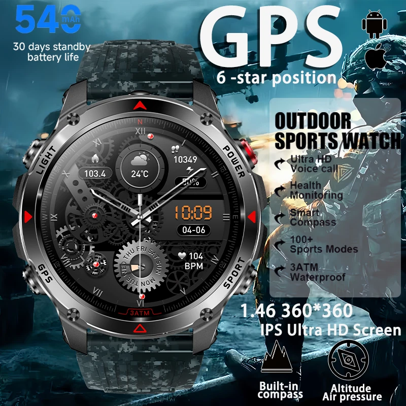 2026 New Military Bluetooth Call Smart Watch Built-in GPS Compass Barometric Altimeter 3ATM Waterproof Sports Smartwatches Men