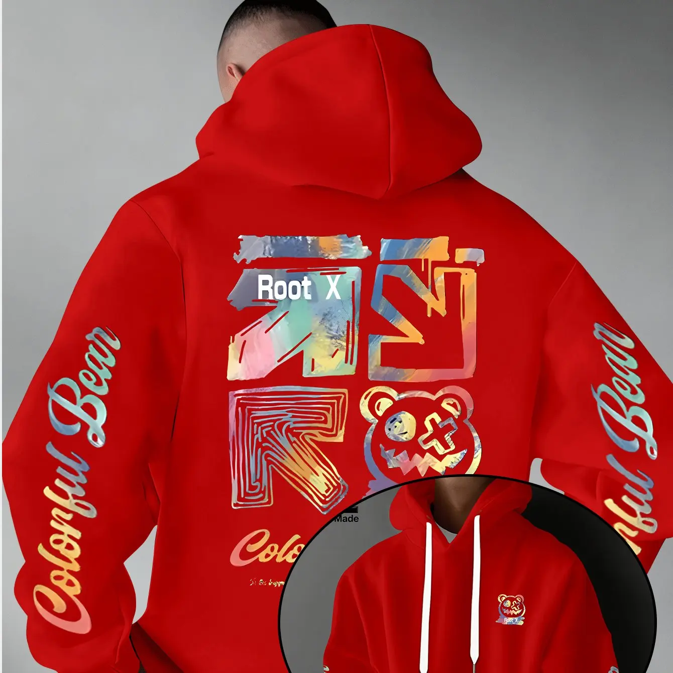 Herren Dicker Warmer Hoodie mit Regenbogen-Graffiti-Print, Root X Bear Bunter Bären-Ärmel Textdruck, Urbaner Street-Style Alltags-Pullover – Detail 3