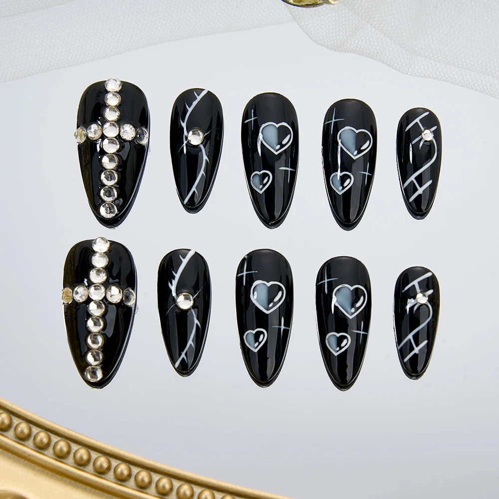 10PCS Fake Nails with Glue Black Star Customized Handmade False Nails Long/Short  Press on Acrylic Nails Almond Nail Art