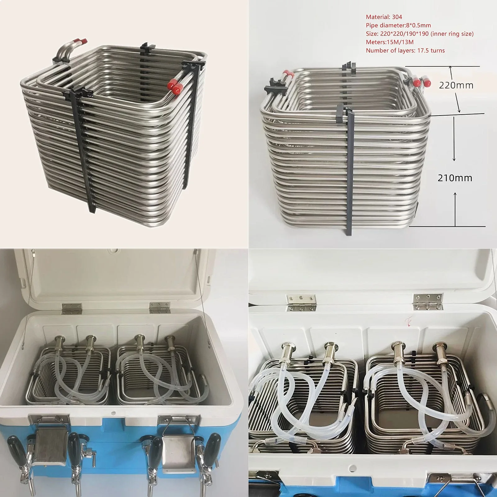 304 Stainless Steel 8mm 2-Way Wine Cooling Tube for Beer Insulated Box 220x220mm