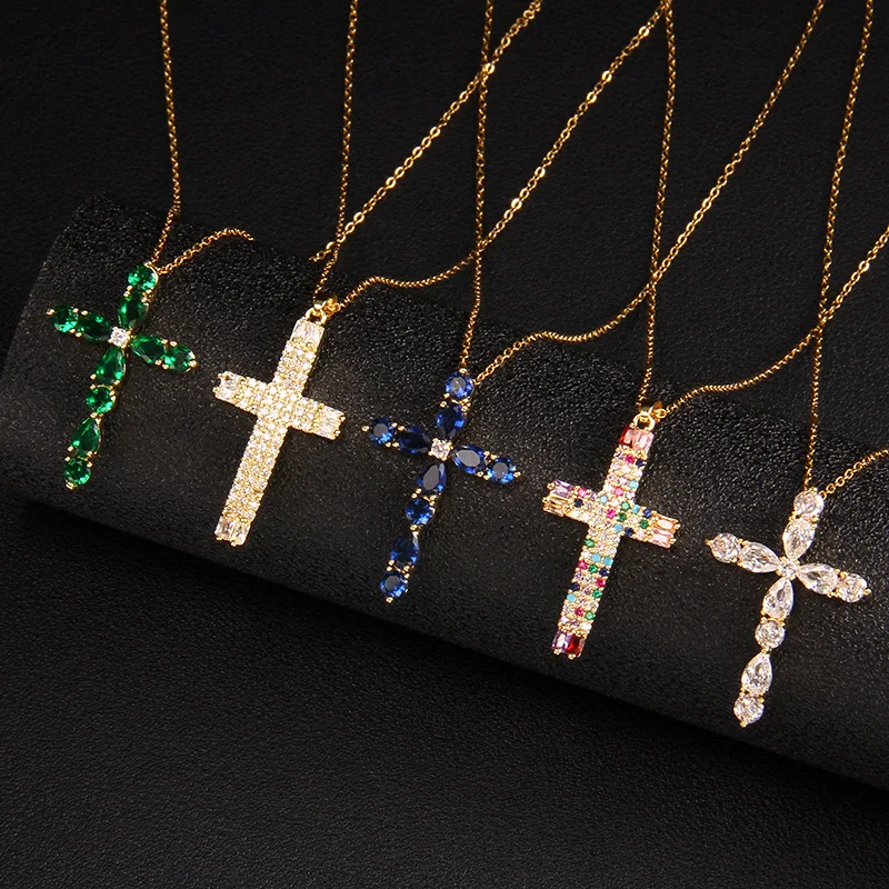 Fashion Metal Plated Gold Zircon CZ Cross Virgin Mary Pendant Snake Chain Necklace For Women daily Jewelry