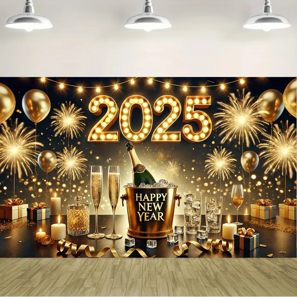 Large 2025 New Year's Party banners, polyester, champagne and fireworks designs, celebrations and photography without power