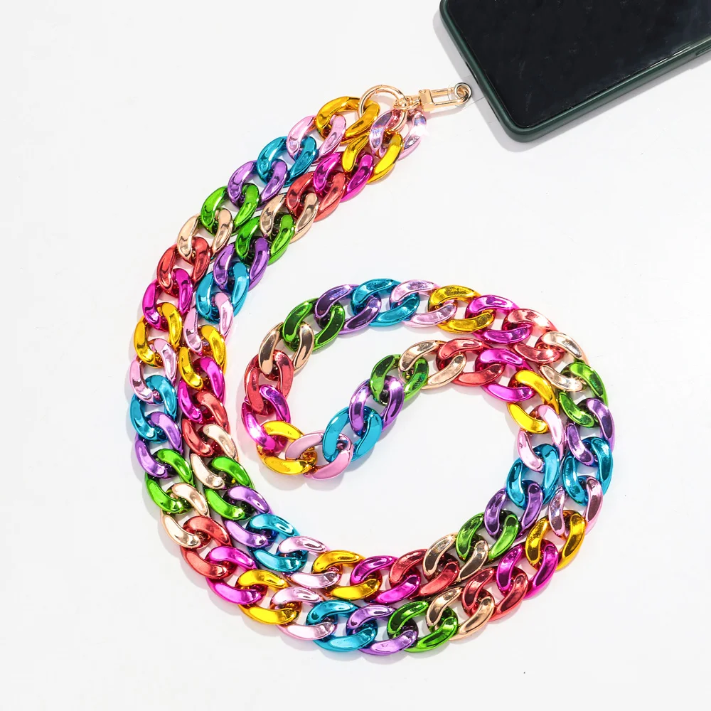 120CM Metallic Color Acrylic Mobile Phone Lanyard Chain Fashion CCB Multicolor Chunky Long Neck Strap Anti-lost Phone Accessory