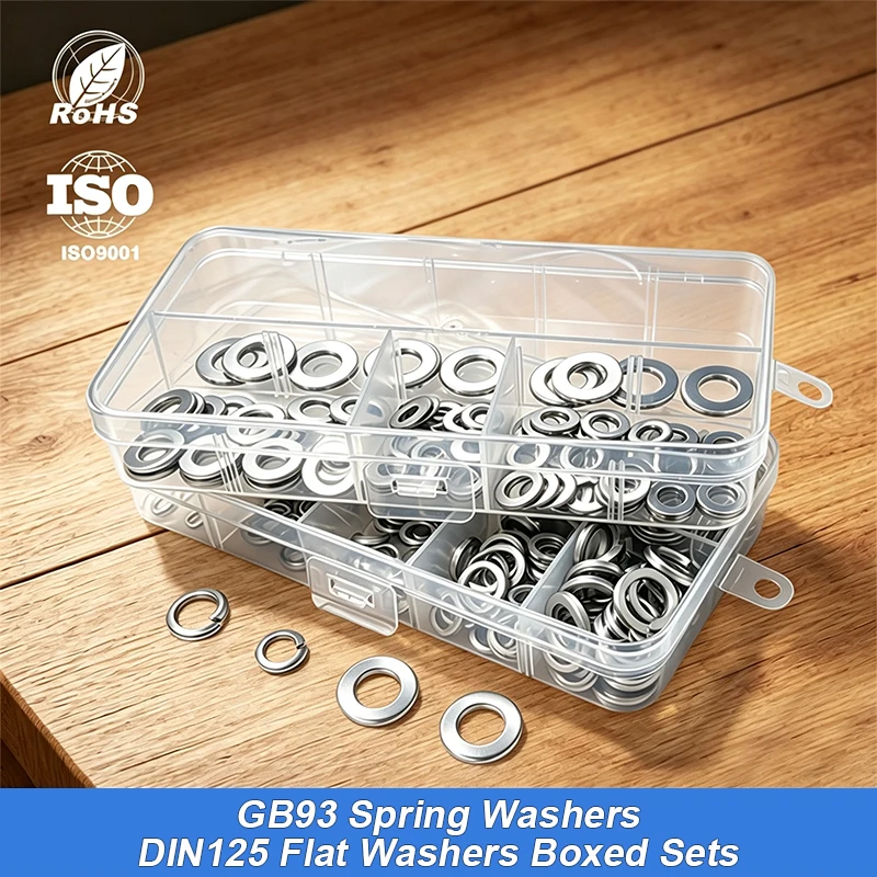 260pcs Stainless Steel Plain Flat Washers & Spring Locking Washers Assortment Pack, M3 M4 M5 M6 M8 Metal Shim Gasket Hardwar