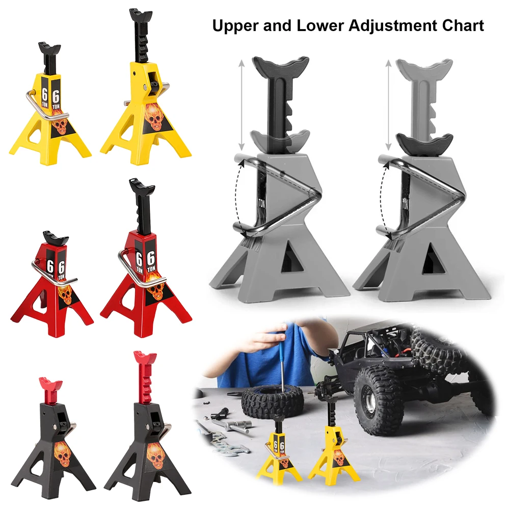 2 Pcs Simulation Metal 6T Jack Repair Stand Height Adjustable Mini 6T Jack Stands Frame Placed Holder for 1/10 RC Crawler Car