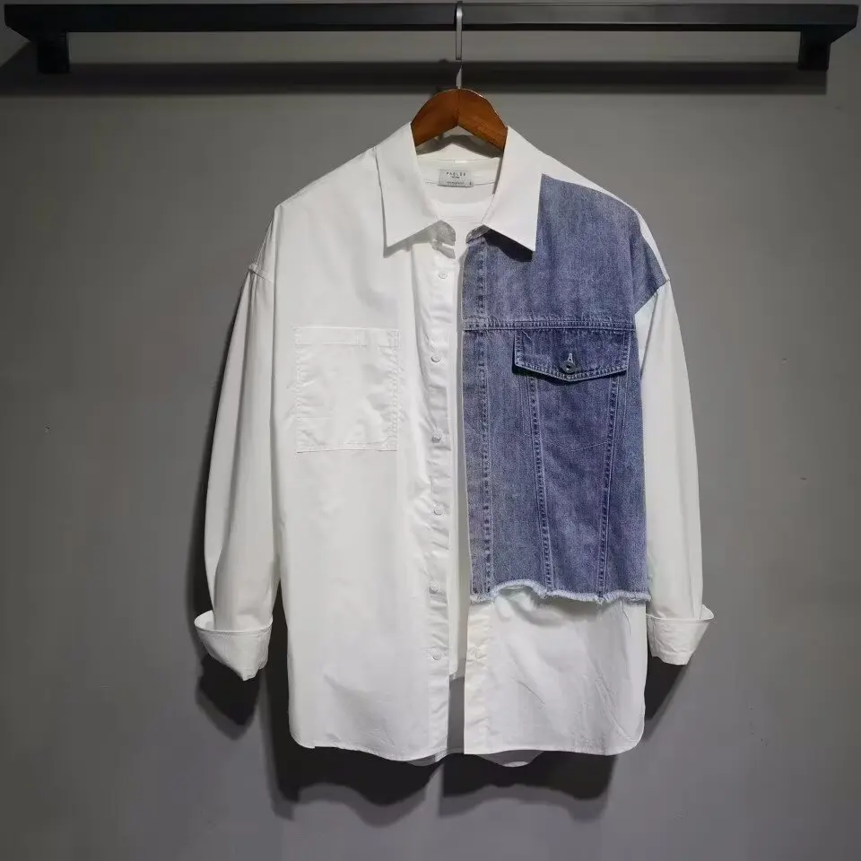 

Модная мужская джинсовая рубашка в стиле пэчворк, корейская повседневная модная рубашка с контрастными цветами, новинка весенней коллекции, простой дизайн, мужские топы с отложным воротником