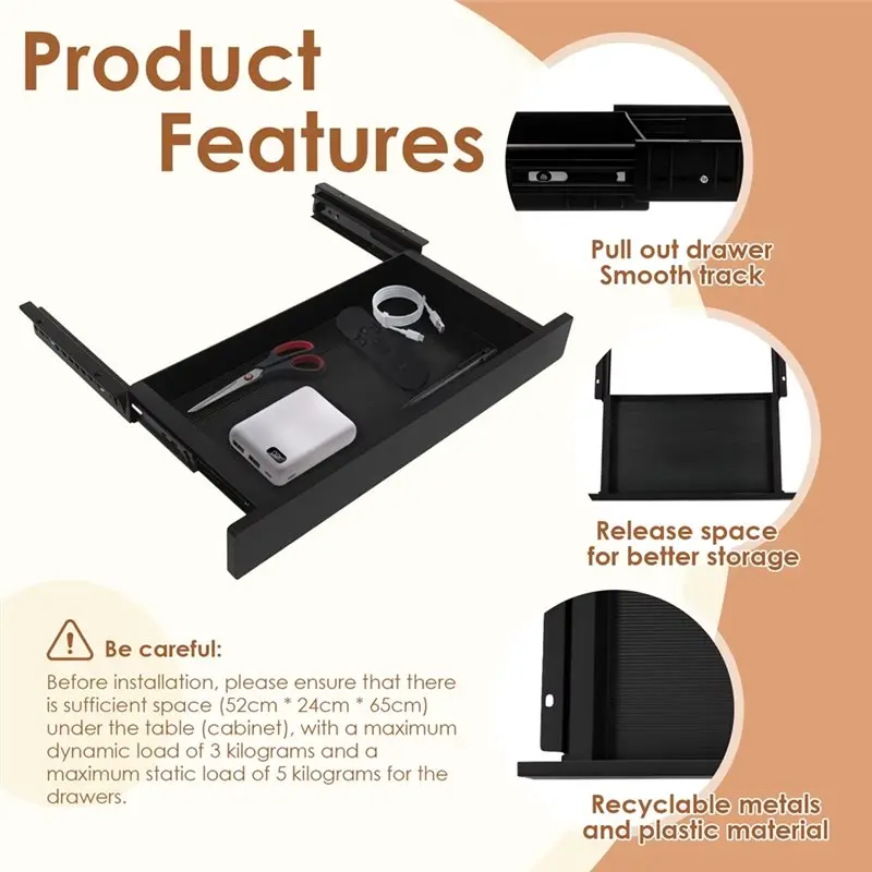 AS60-منظم درج معدني انزلاق 20 بوصة تحت المكتب ملحق قابل للسحب لأقل من طاولة المكتب صندوق تخزين الأدوات المكتبية