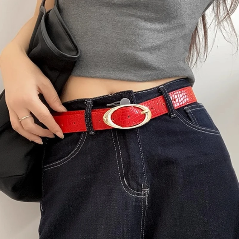 

American Vintage Y2k Crocodile Pattern Belt Red Pu Leather Leather Simple Luxury Belt Nightclub Hottie Jeans Decorative Belt