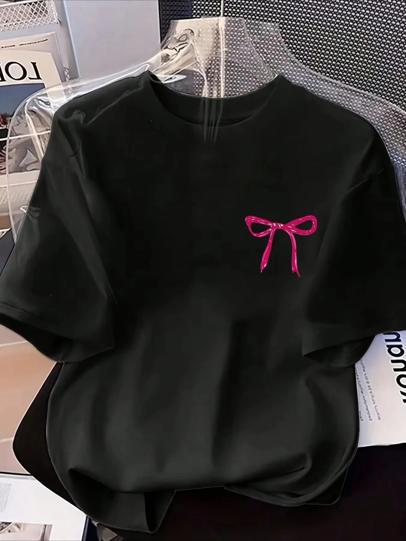 Spring/Summer New Y2K Pink Bow Pattern Printed Tshirt Casual Trendy Comfortable Niche Short Sleeve Tshirt Free Delivery Shipping
