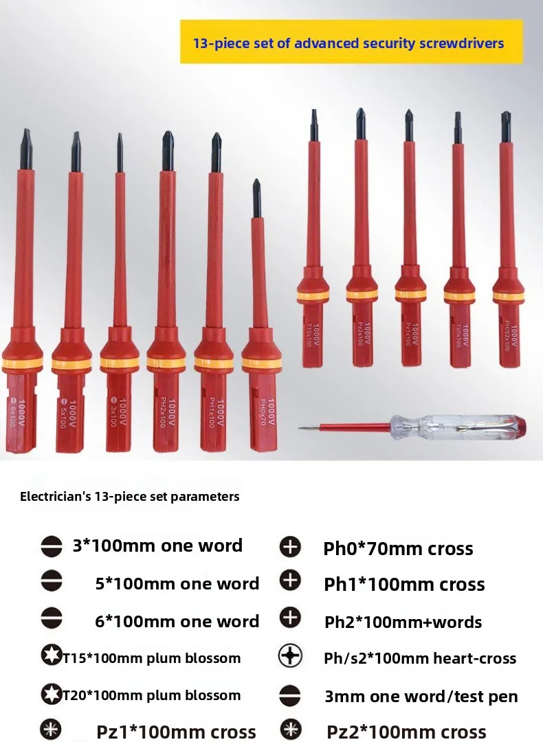 13-teiliges 1000V Isoliertes Schraubendreher-Set mit Magnetischen Pozidriv-Torx-Bits, Elektriker-Handwerkzeuge für Elektroreparaturen mit Aufbewahrungskoffer – Detail 2