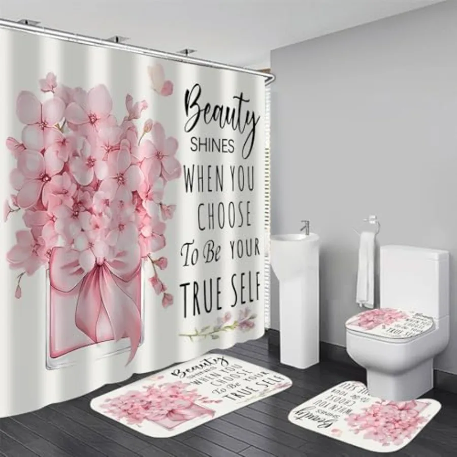 

AZHM 4 Pcs Pink Fashion Shower Curtain Sets with Rugs Flower Bathroom Decor Set with Shower Curtain and Rugs and Accessories Mo